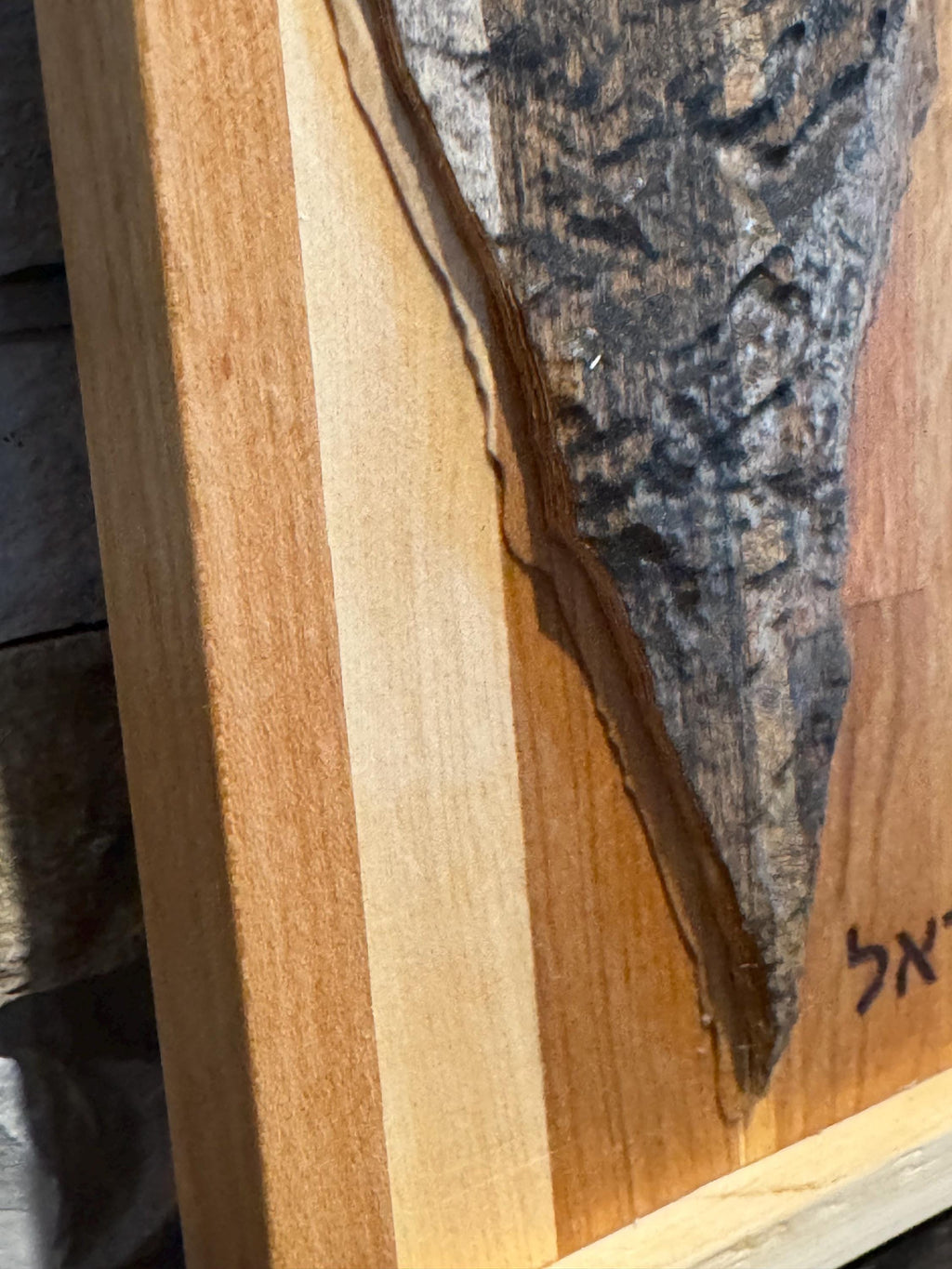 A close-up, angled view of the 3D wood map of Israel, highlighting the highly textured, natural bark edge running along the right side of the maple carving, contrasting with the smooth oak backing. __etsy:8156428084