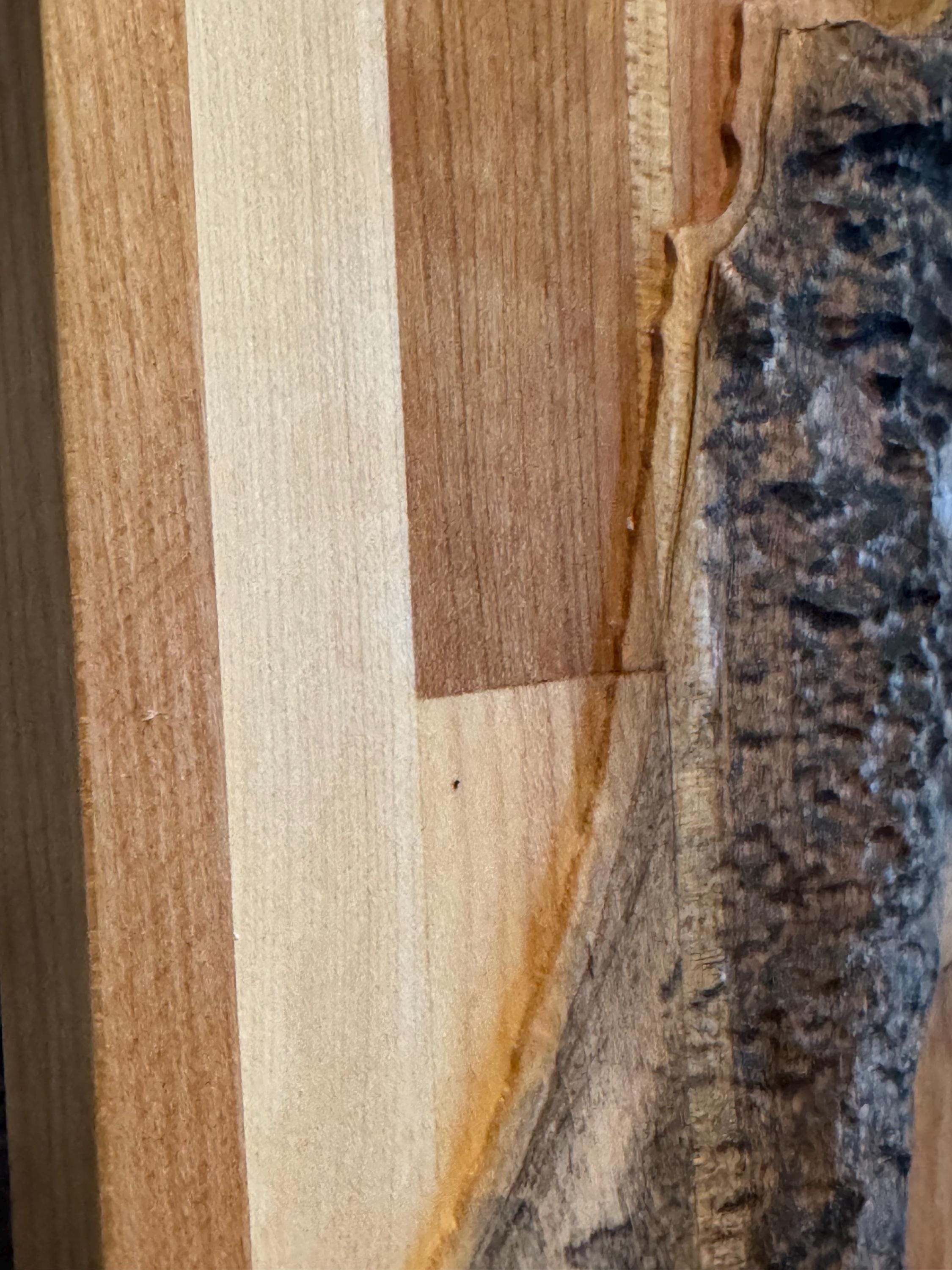 A close-up view focusing on the upper section of the topographical map, showcasing the intricate texturing of the wood that represents the mountain ranges and valleys. __etsy:8204351971