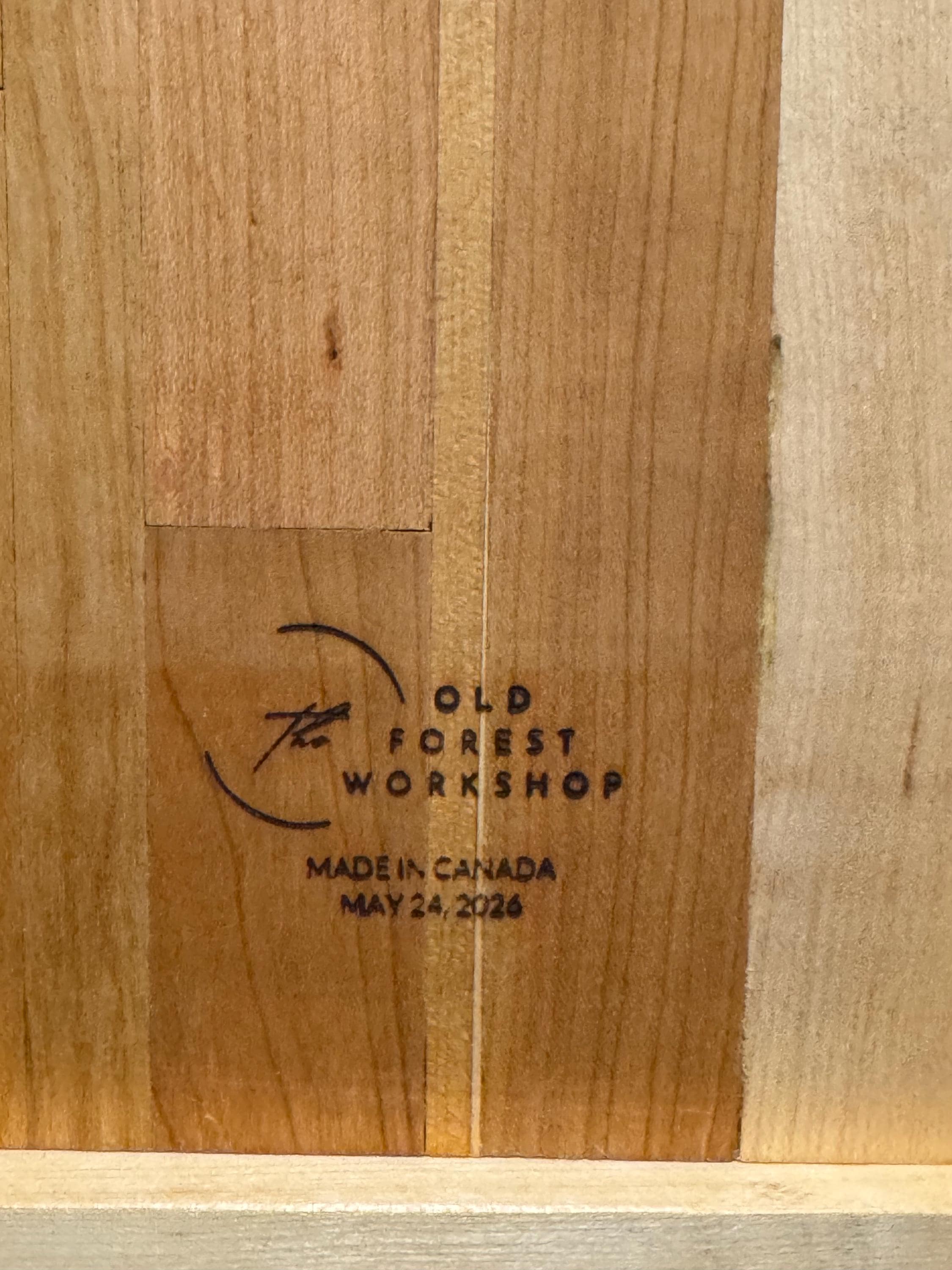 The flat back side of the wooden map of Israel, showcasing a clean, smooth wood finish and a stamped "The Old Forest Workshop - Made in Canada" maker's mark logo in the center. __etsy:8156428328