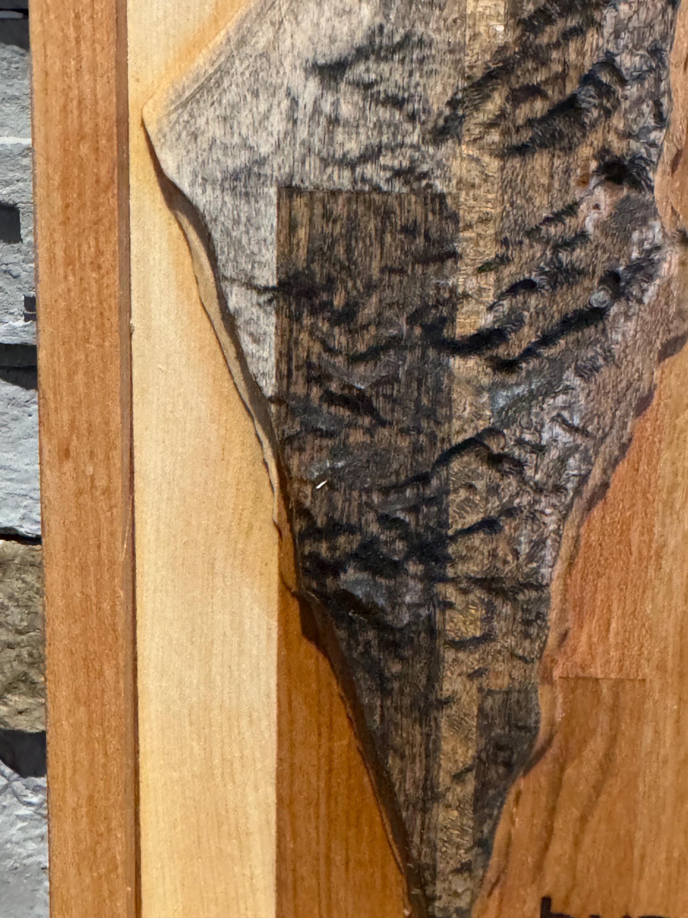 An angled lifestyle shot of the 3D wooden Israel map displayed as home decor, resting on a wooden ledge against a rustic stone wall background. __etsy:8204352211