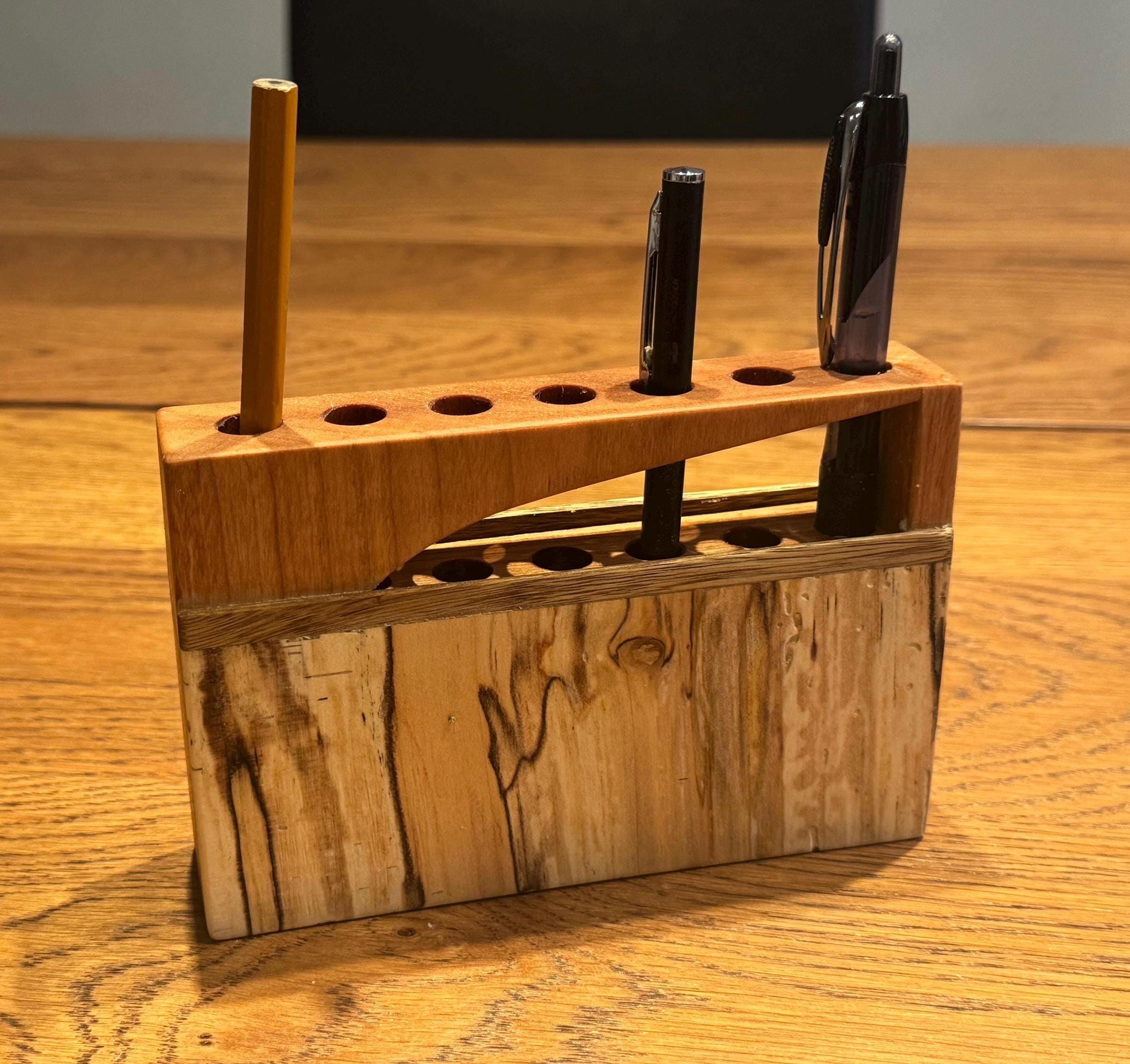 Handcrafted Layered Wood Pen Holder | Modern Rustic Desk Organizer | Sculptural Multi-Species Solid Wood Art __etsy:7633002725