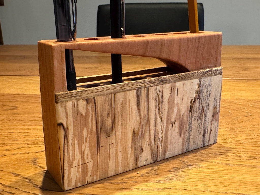 Handcrafted Layered Wood Pen Holder | Modern Rustic Desk Organizer | Sculptural Multi-Species Solid Wood Art __etsy:7633000551