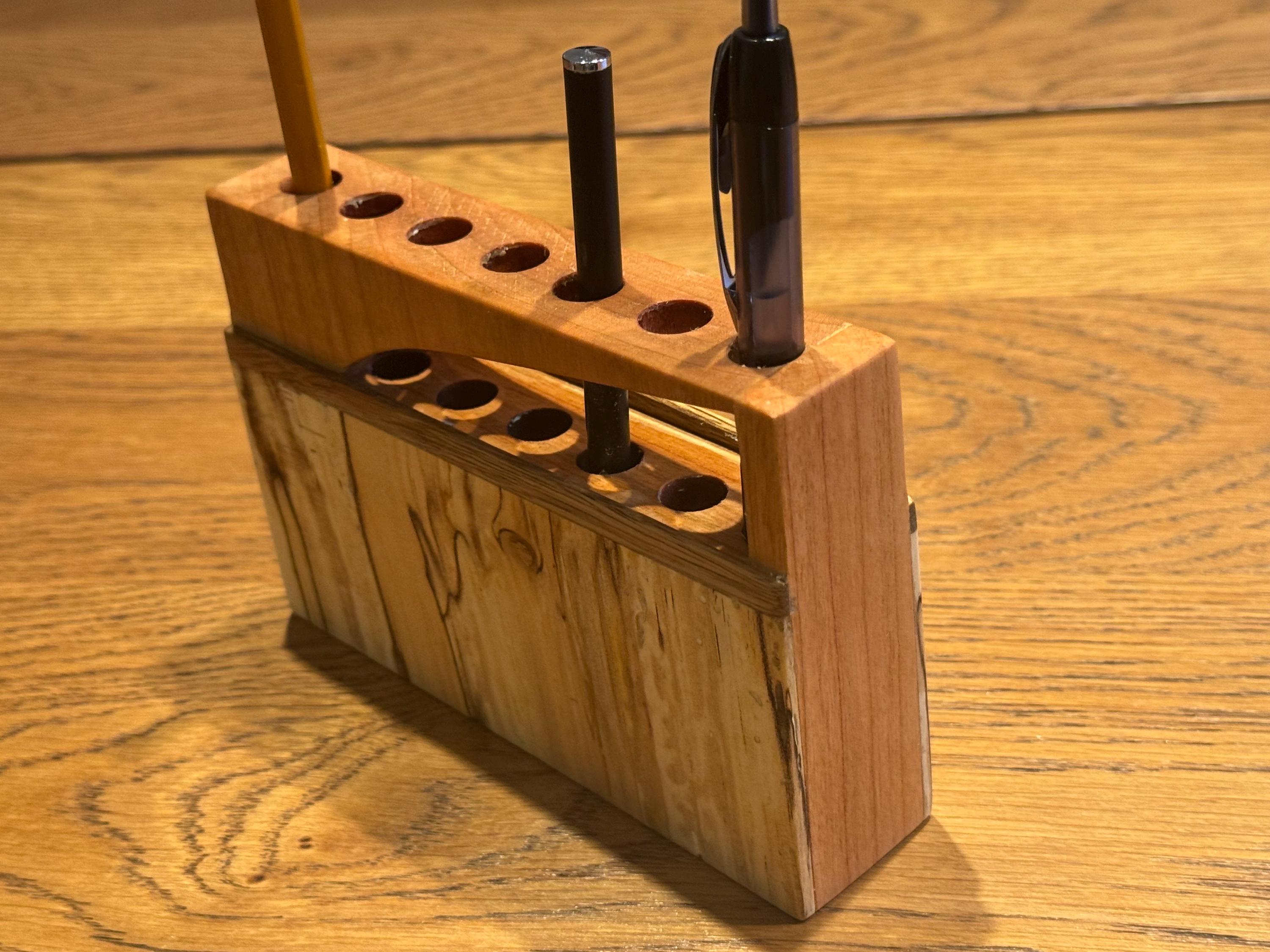 Handcrafted Layered Wood Pen Holder | Modern Rustic Desk Organizer | Sculptural Multi-Species Solid Wood Art __etsy:7585055366
