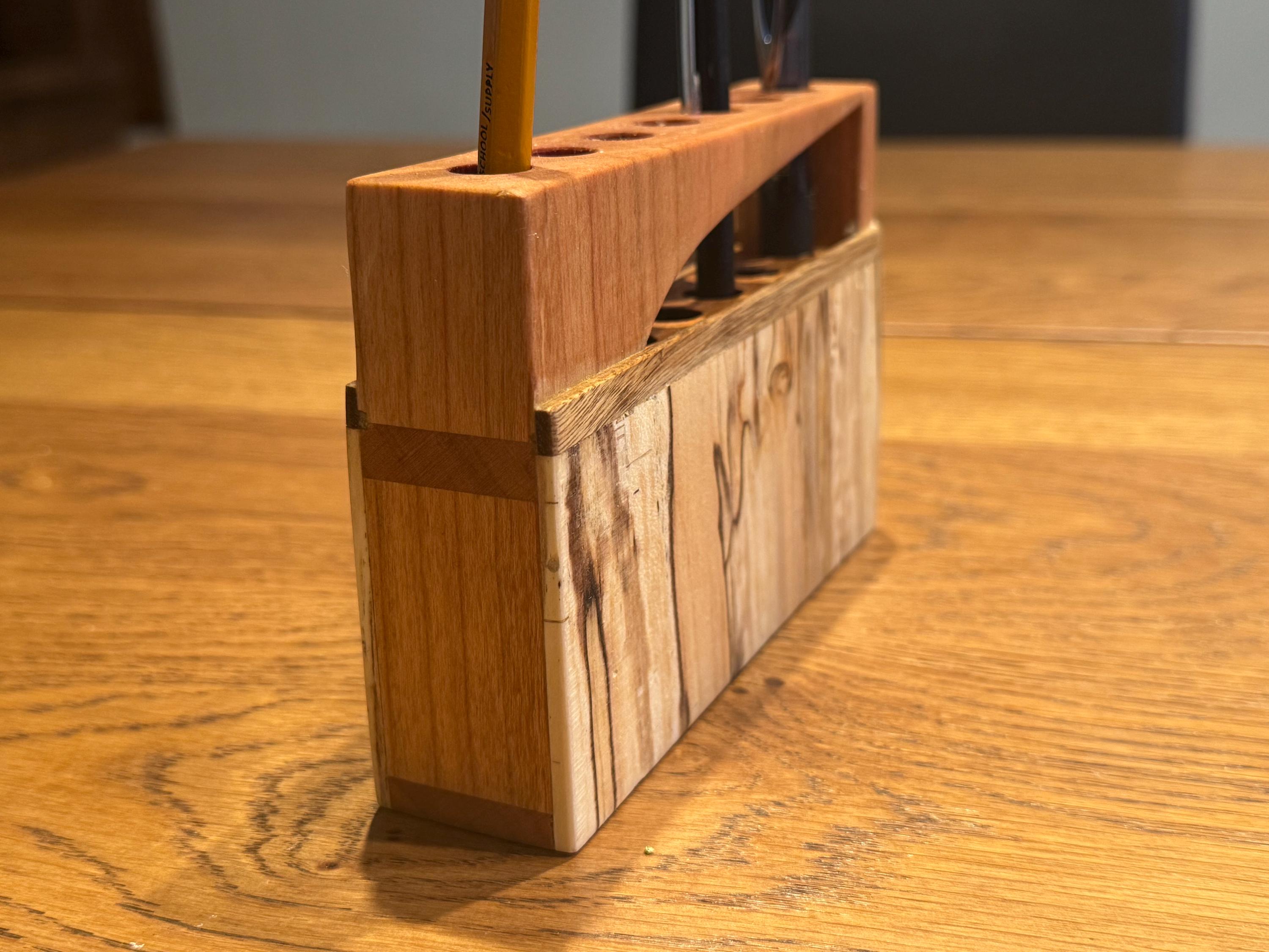 Handcrafted Layered Wood Pen Holder | Modern Rustic Desk Organizer | Sculptural Multi-Species Solid Wood Art __etsy:7585055700
