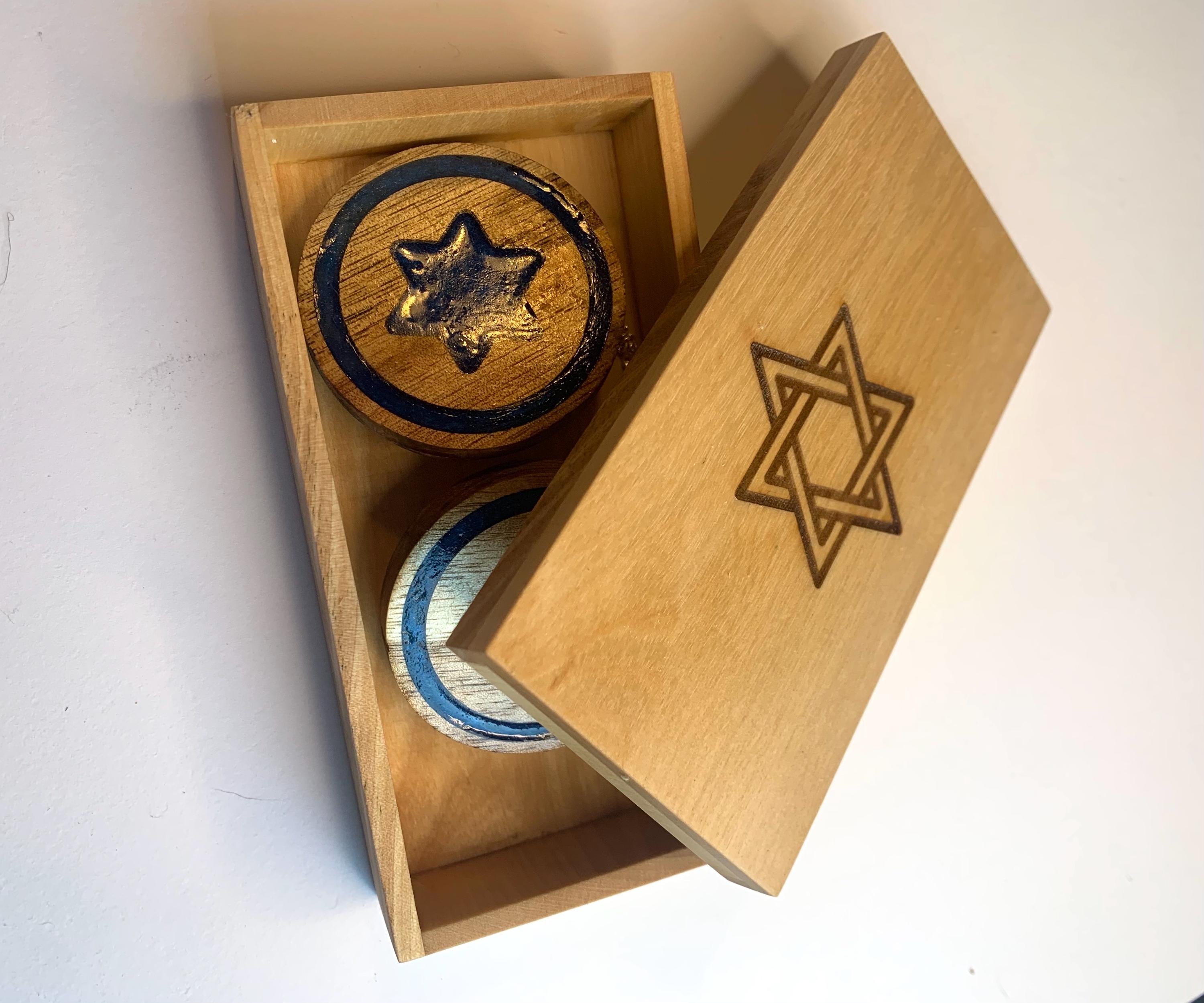 Handmade Acacia Wood Tallit Holders: Blue Magen David Judaica __etsy:6601671373