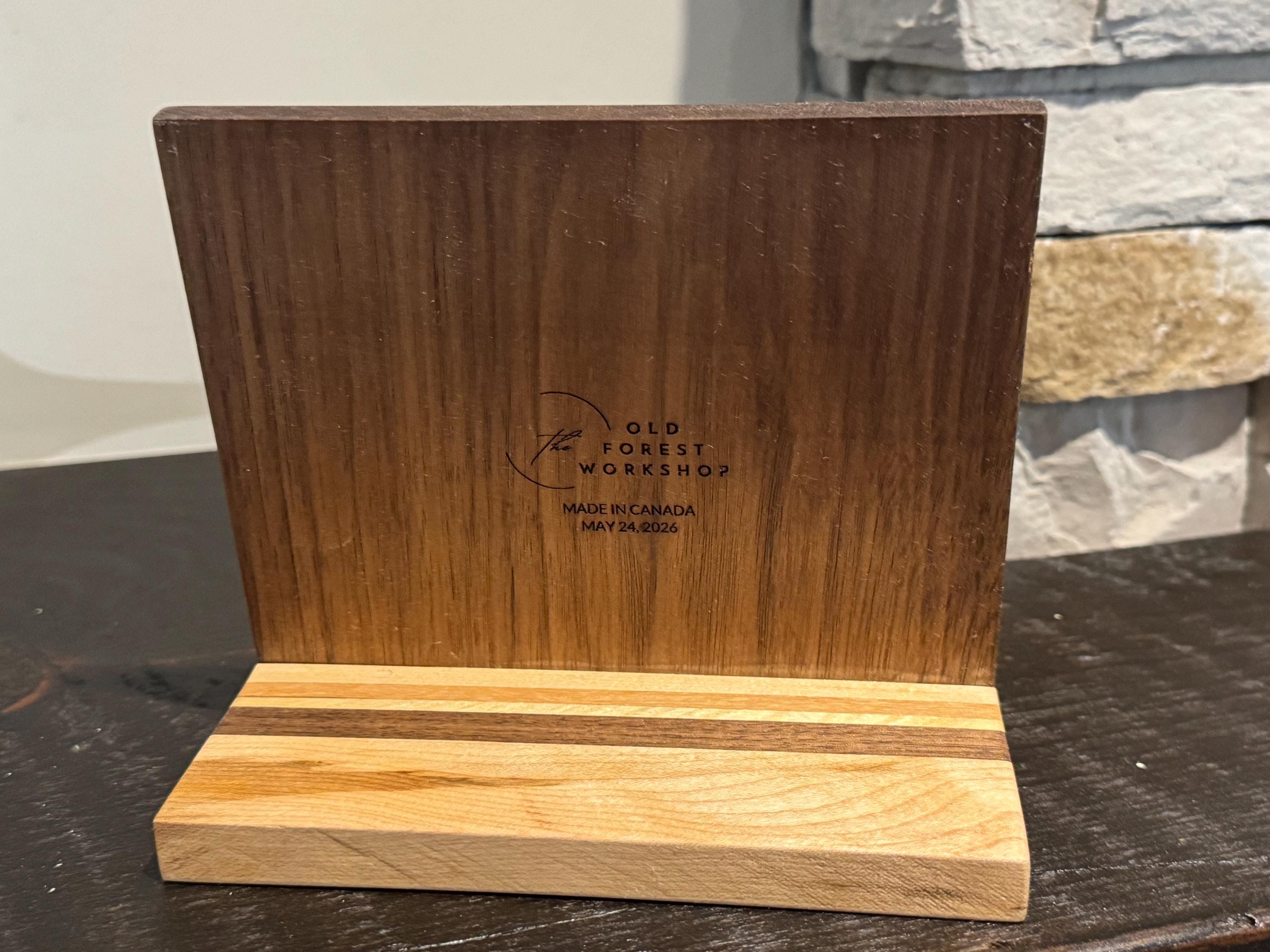 Back and side profile view of a wooden perpetual calendar, highlighting the triangular wooden stand attached to the rear. __etsy:8156632294