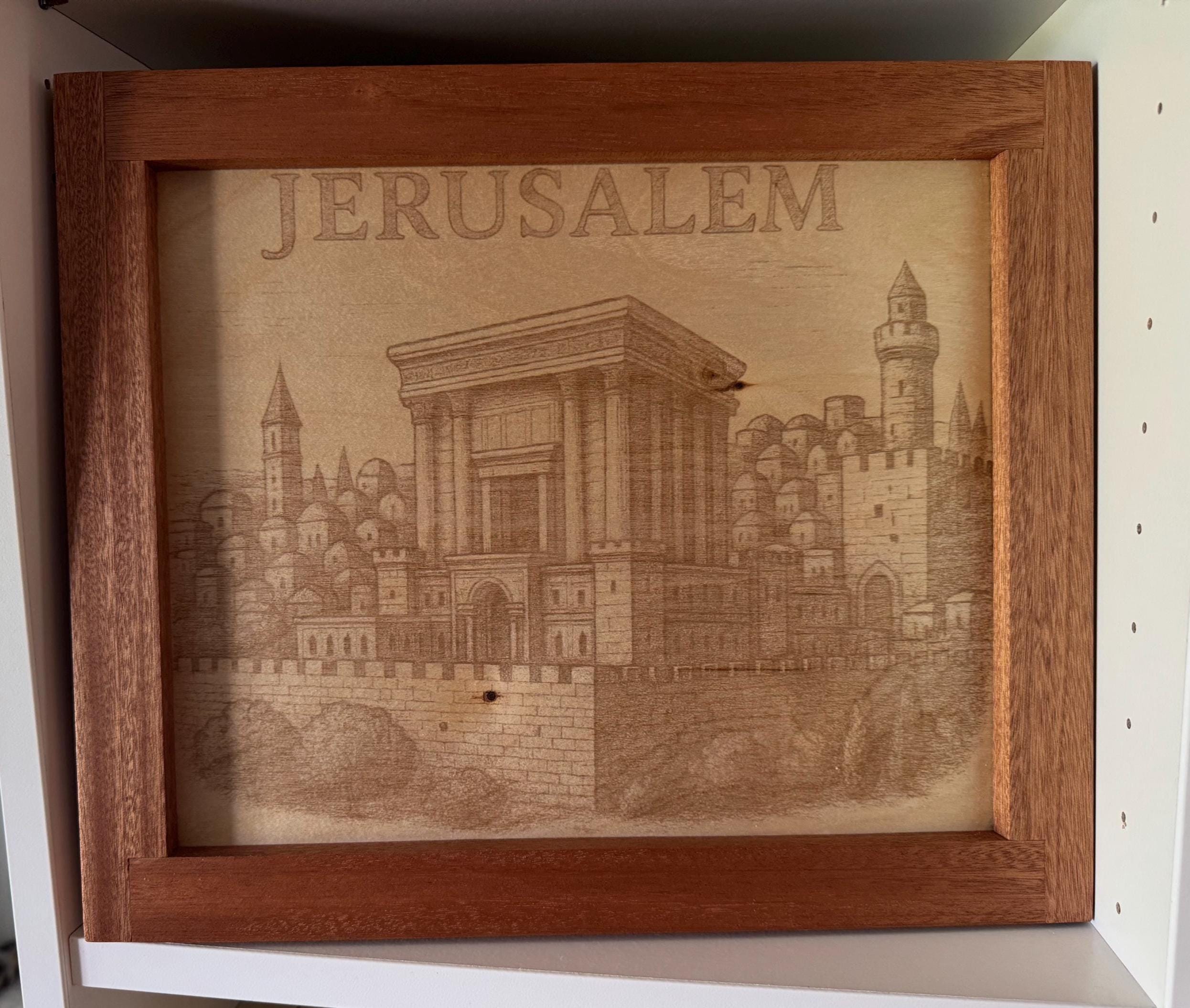 Jerusalem Temple Laser Engraving | Sapele Frame | Jewish Wall Art __etsy:7052474426