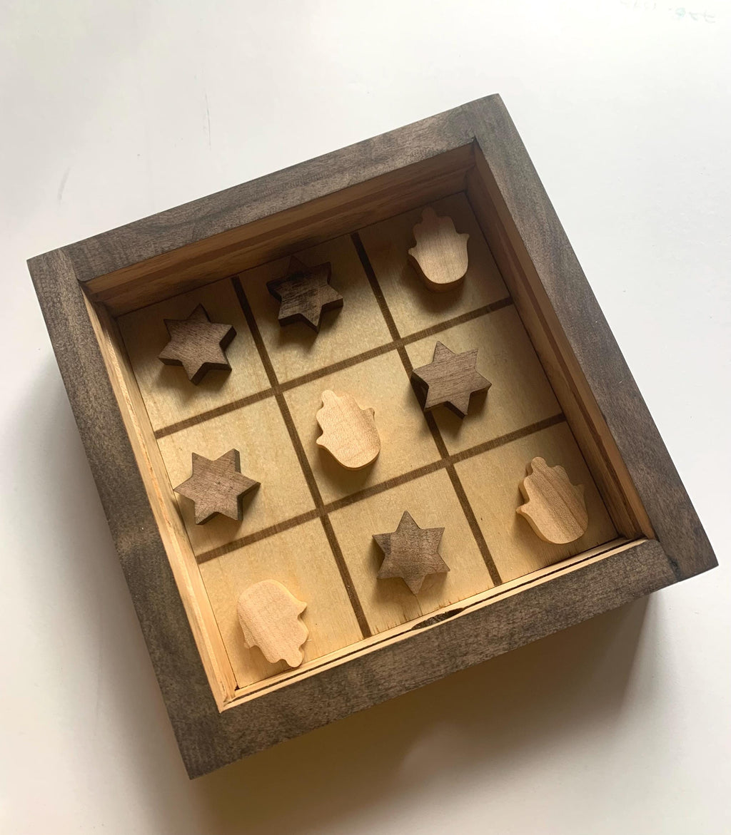 Game of Tic Tac Toe made out of wood, with acrylic cover and two toned pieces in the shape of hamsas and stars of David __etsy:6598336716