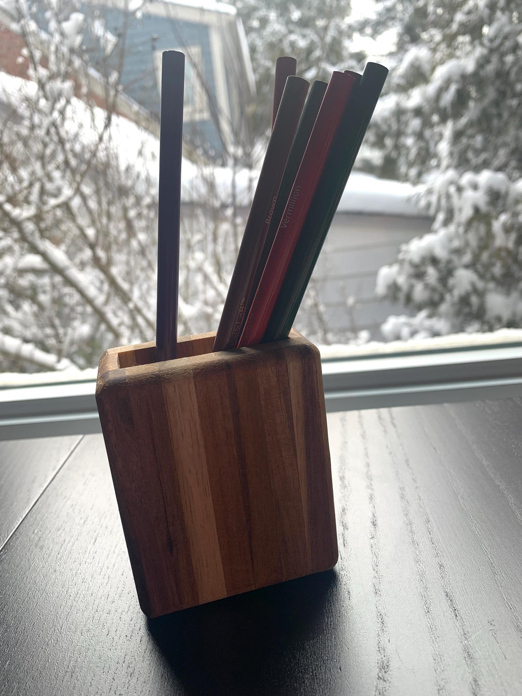 Recycled Wood Pen Holder – Handmade Desk Organizer __etsy:6683543533