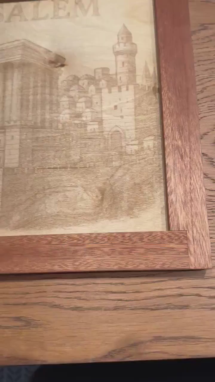 Jerusalem Temple Laser Engraving | Sapele Frame | Jewish Wall Art